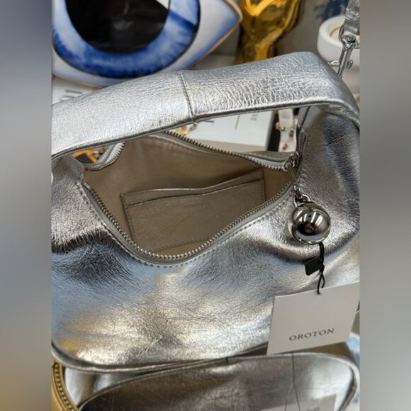 🆕 OROTON 🧿 NWT Clara Mini Convertible Crossbody Bag, Crinkle Silver Leather - Picture 11 of 16